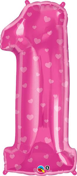 pink number one shaped balloon with hearts