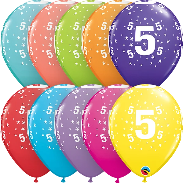 color mix assorted balloon with the number 5 and white stars