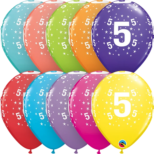 color mix assorted balloon with the number 5 and white stars