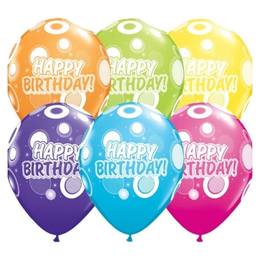 orange, green, yellow, purple/violet, blue and pink happy birthday balloon with dots and glitz