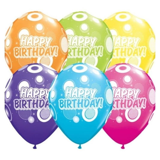 orange, green, yellow, purple/violet, blue and pink happy birthday balloon with dots and glitz