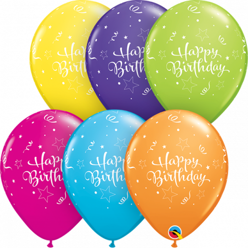 yellow, purple/violet, green, pink, blue and orange happy birthday balloon