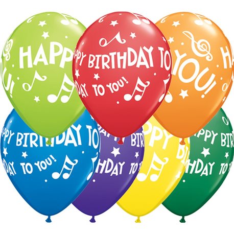 lime green, red, orange, blue, purple/violet, yellow and dark green happy birthday to you music notes balloon