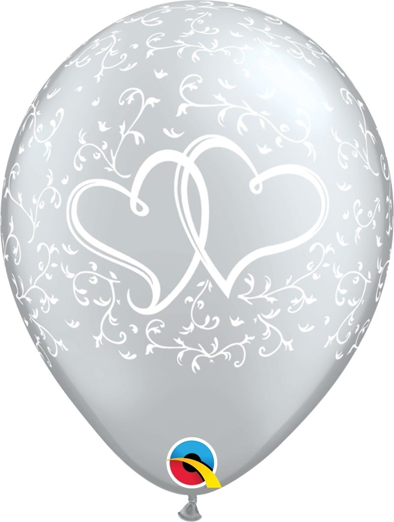 silver balloon with white entwined hearts and scrolls