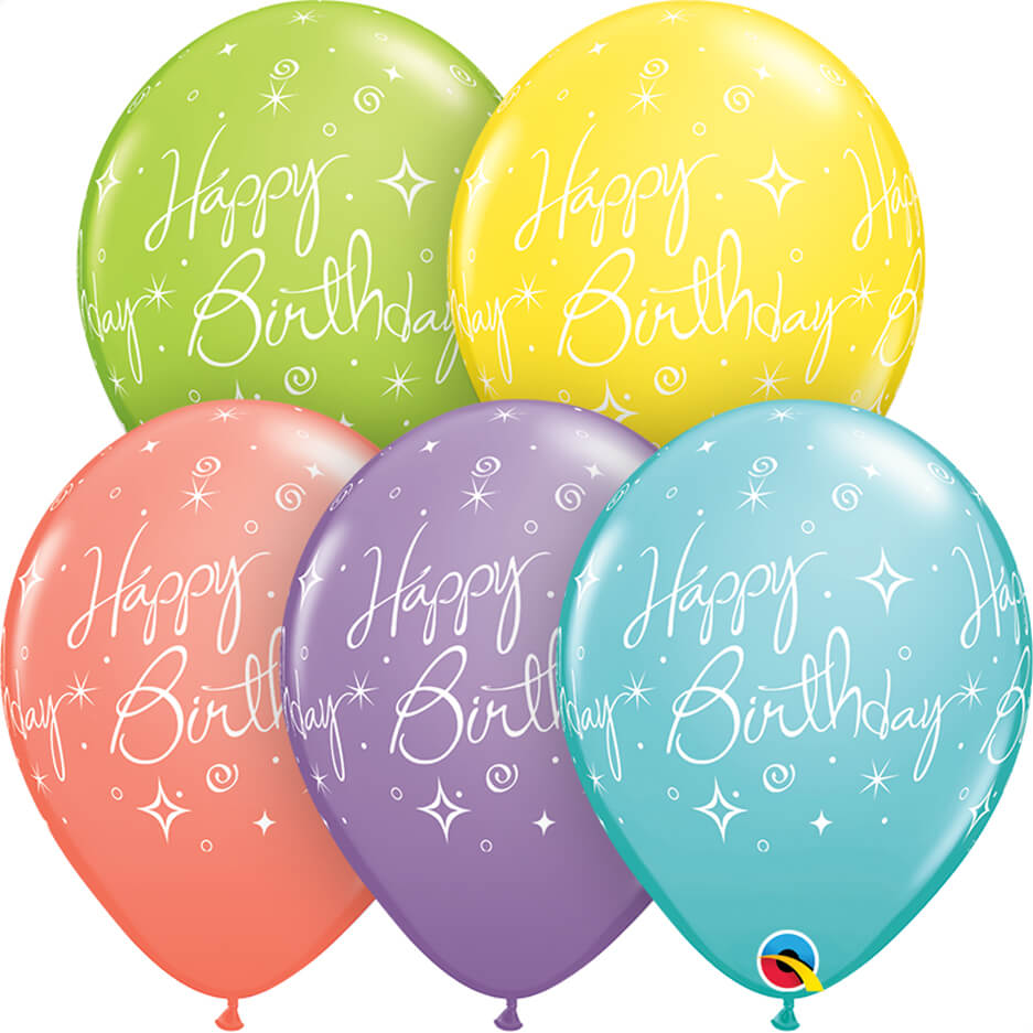 lime green, yellow, coral, light purple and light blue happy birthday balloon with white stars