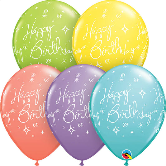 lime green, yellow, coral, light purple and light blue happy birthday balloon with white stars