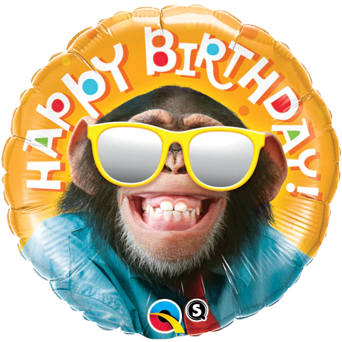 happy birthday balloon with smiling chimp