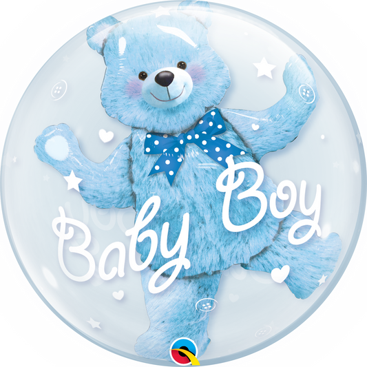 clear double bubble baby boy balloon with blue bear