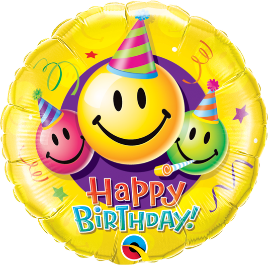 round yellow happy brithday balloon with smiley faces