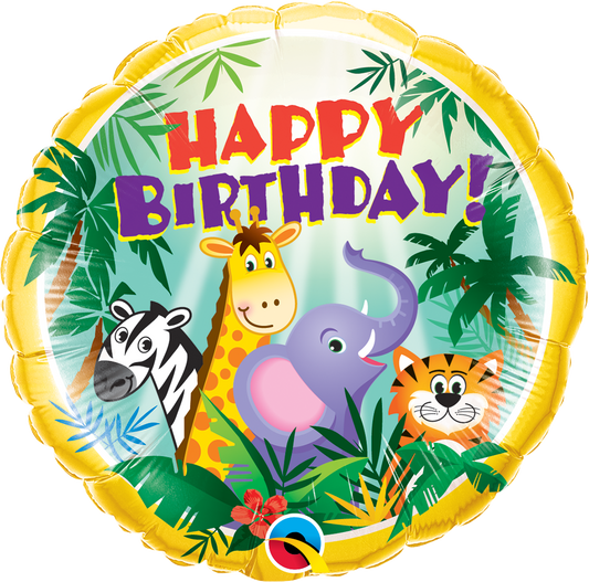 round happy birthday balloon with jungle animals