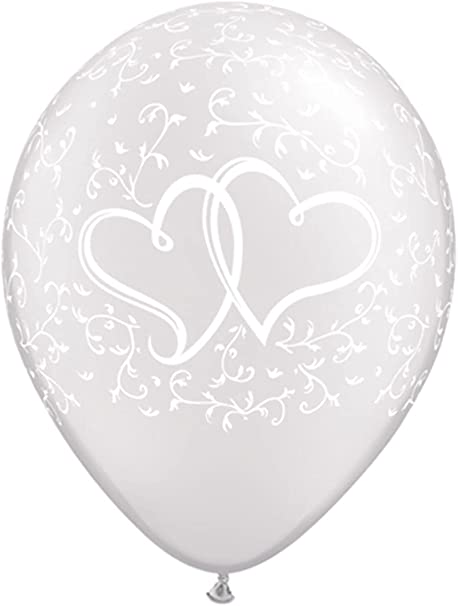 pearl white balloon with white entwined hearts and scrolls