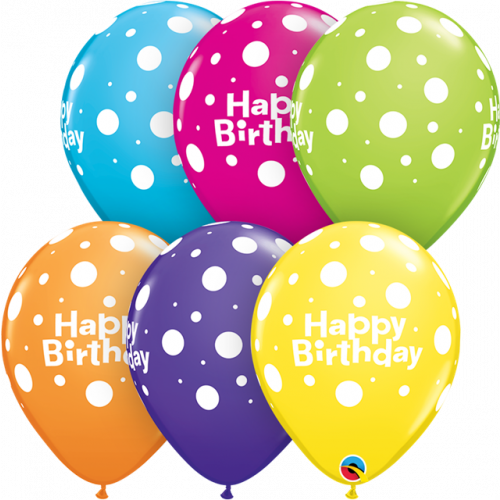 blue, pink, green, orange, purple/violet and yellow happy birthday balloon with white polka dots