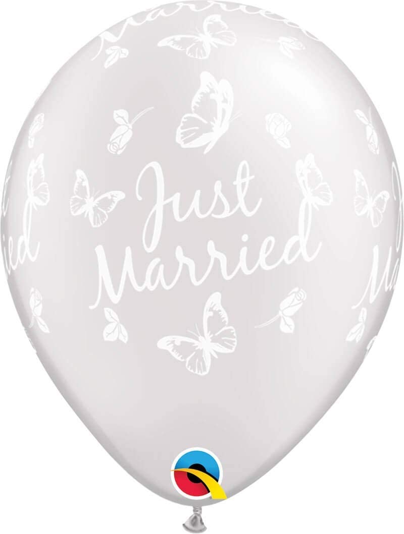 pearl white just married balloon with butterflies and roses