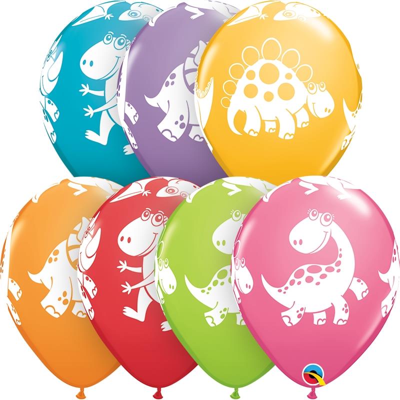 blue/turquoise, light purple, yellow, orange, red, lime green and light pink balloon with white dino