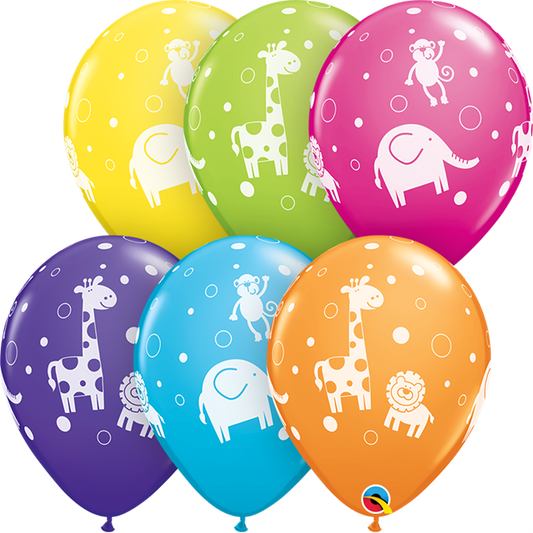 yellow, lime green, pink, purple/violet, blue and orange balloon with jungle animals