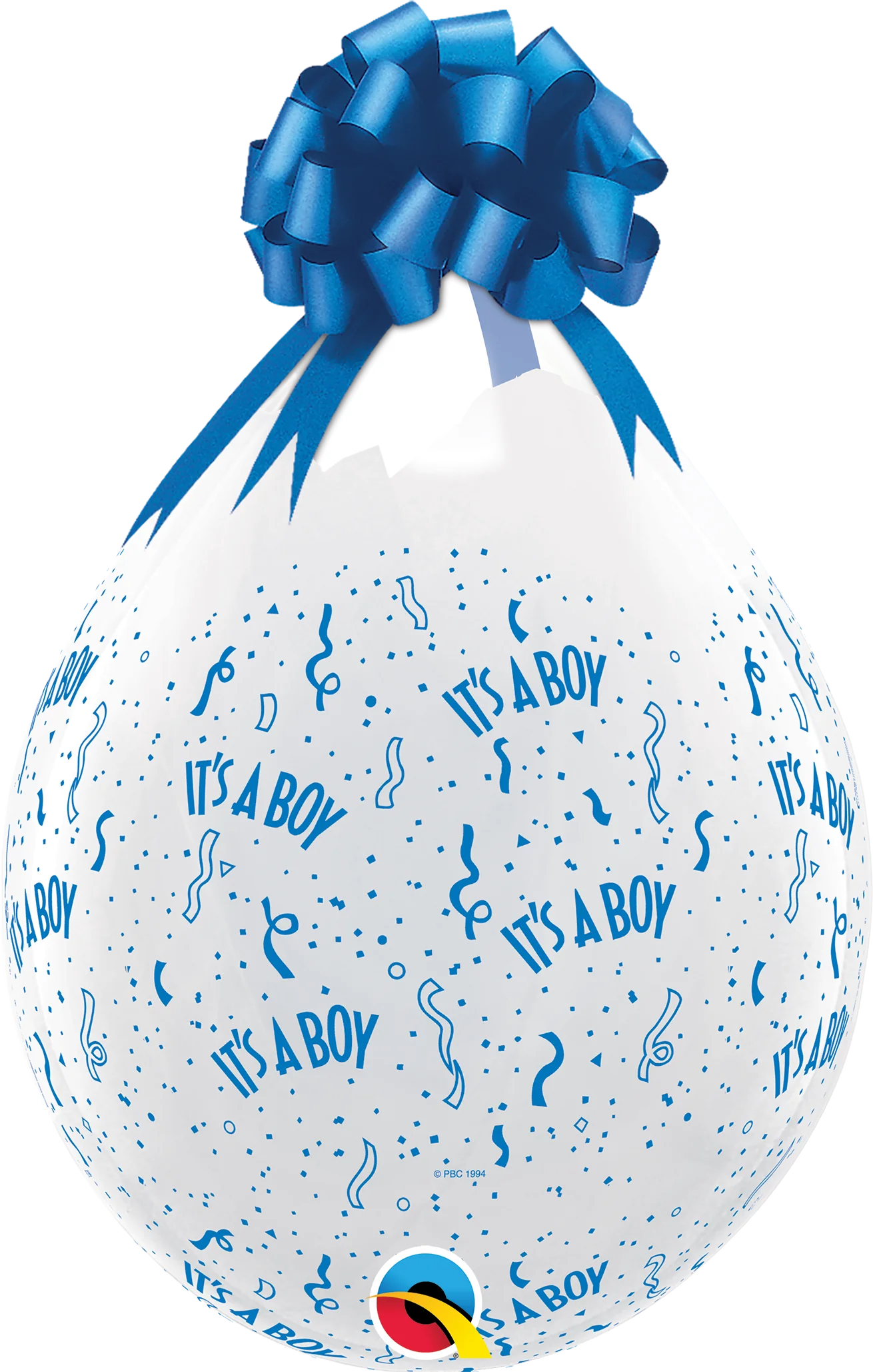 white and blue drop shaped It's a boy stuffing balloon with gift ribbon