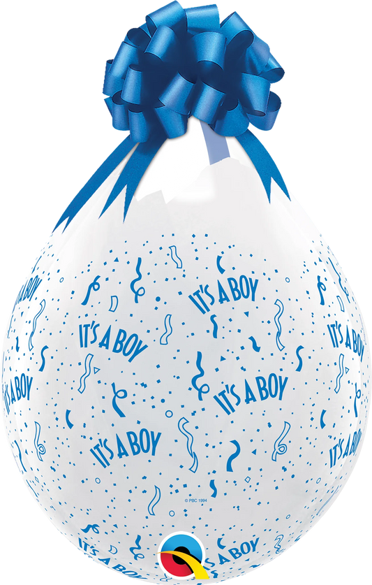 white and blue drop shaped It's a boy stuffing balloon with gift ribbon