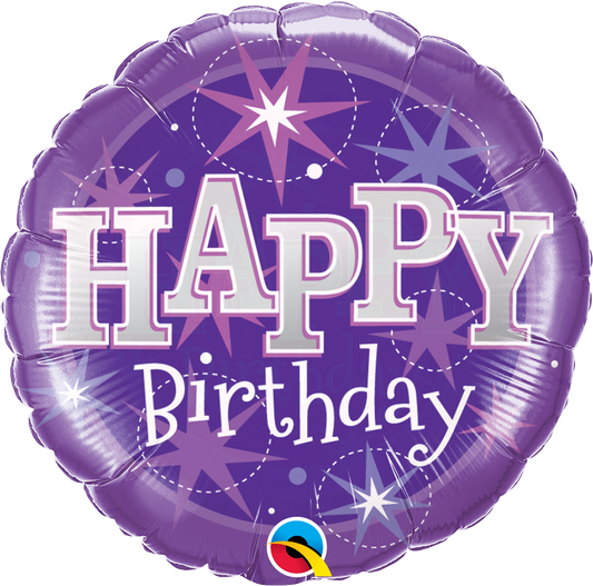 round purple/violet happy birthday balloon with sparkle stars