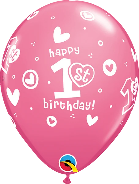 light pink happy 1st birthday balloon with white hearts