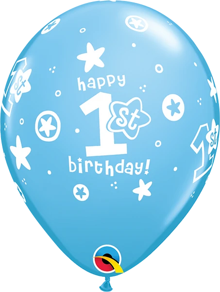 light blue happy 1st birthday balloon with white stars
