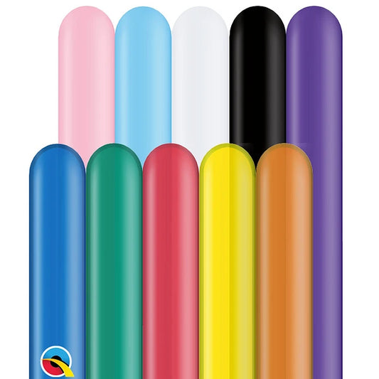 light pink, pale/light blue, white, onyx black, quartz/dark purple, sapphire blue, emerald/dark green, ruby red, citrine yellow, mandarin orange twisting balloon