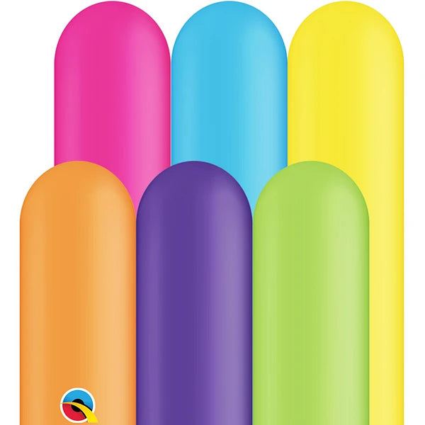 pink, blue, yellow, orange, dark purple/violet and lime green twisting balloon