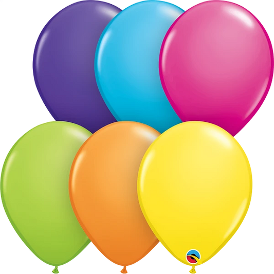 dark purple/violet, blue, pink, lime green, orange and yellow balloon