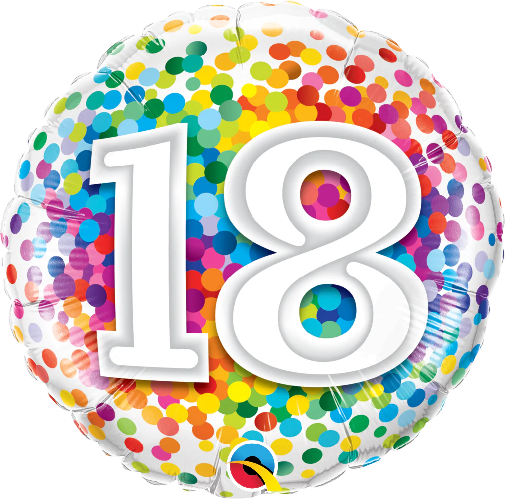 round rainbow confetti balloon with the number 18