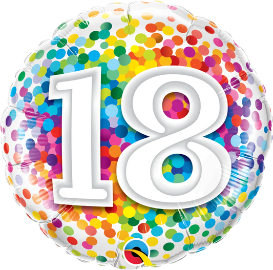 round rainbow confetti balloon with the number 18