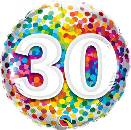 round rainbow confetti balloon with the number 30