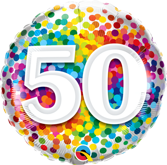 round rainbow confetti balloon with the number 50