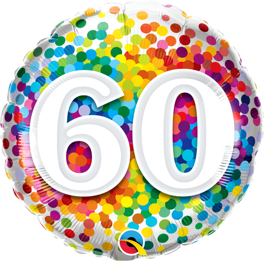 round rainbow confetti balloon with the number 60