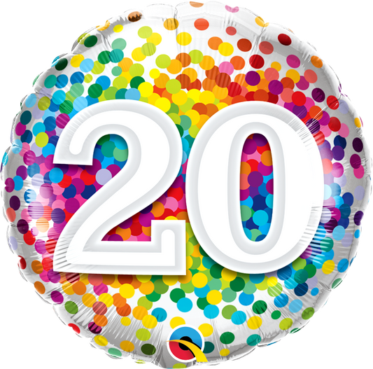 round rainbow confetti balloon with the number 20