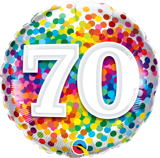 round rainbow confetti balloon with the number 70