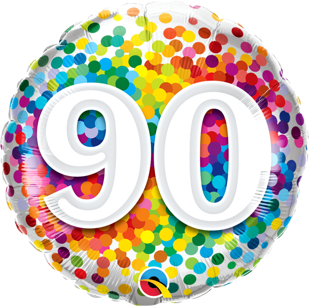 round rainbow confetti balloon with the number 90