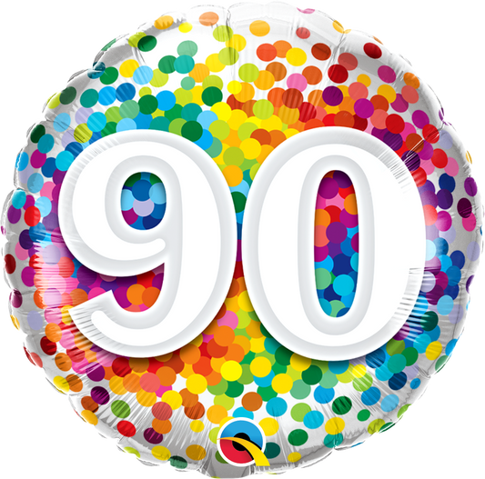 round rainbow confetti balloon with the number 90
