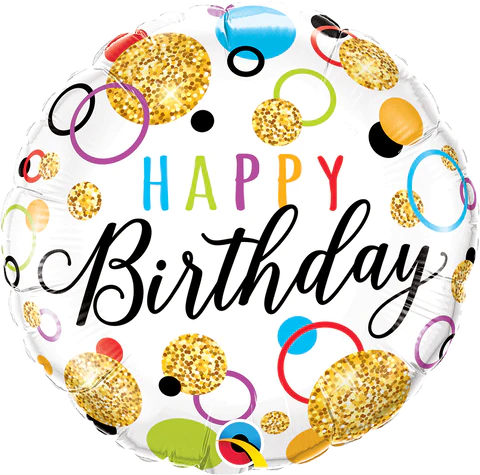 colorful happy birthday balloon with glitter dots
