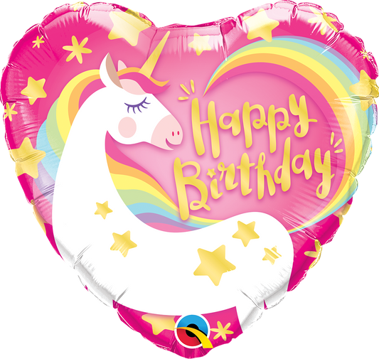 pink heart shaped happy birthday balloon with unicorn and yellow stars