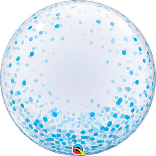 clear balloon with blue confetti dots