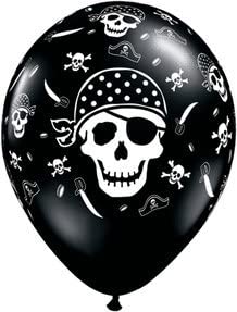 black balloon with white pirate skulls and cross bones
