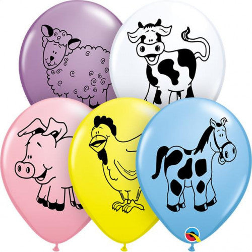 light purple/violet, white, light pink, yellow and light blue balloon with farm animals